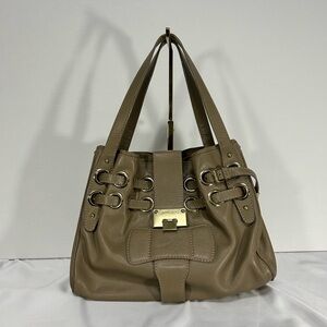 Jimmy Choo Tan Shoulder Bag with Structured Design and Metallic Accents